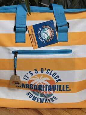 Margaritaville Yellow & White Striped Tote with Teal Handles